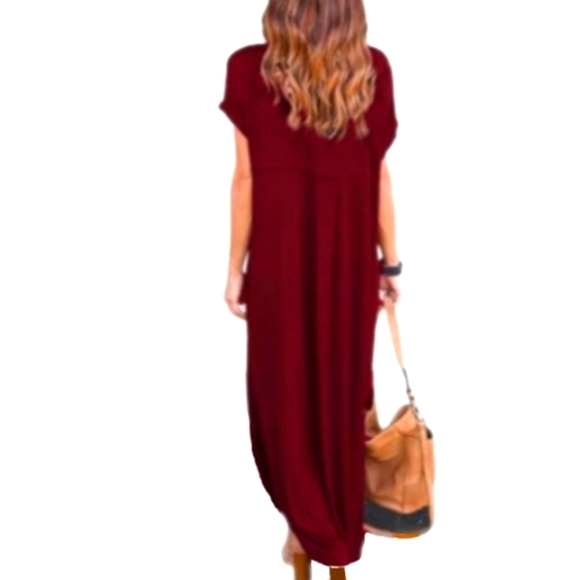 Zenana Outfitter Cruise or Vacation T-Shirt Dress Boho L Red V-Neck Side Pockets - Picture 2 of 6